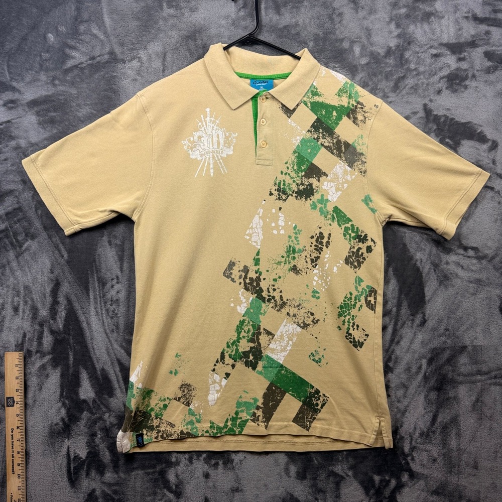 Wckd Polo Shirt Mens XL Tan Green Graphic Print Distressed Streetwear Cotton